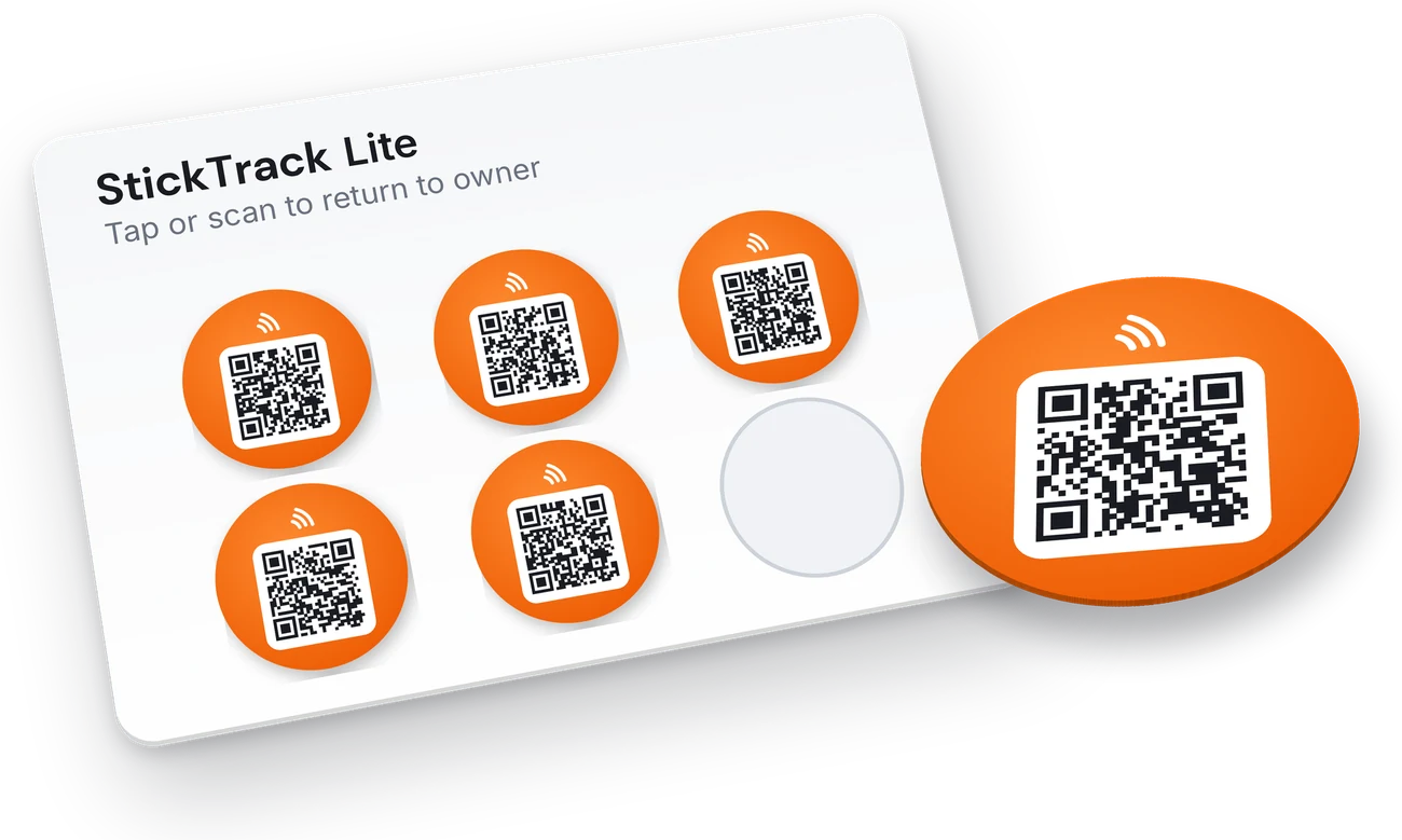 A sheet of round orange StickTrack Lite tags, each printed with a QR code