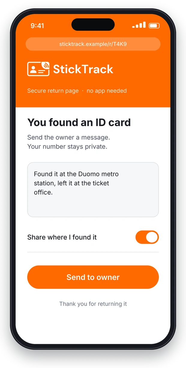 Phone screen showing a StickTrack return page: You found an ID card, with a message box and a Send to owner button
